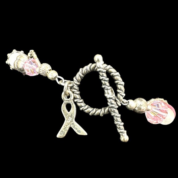Sterling Silver Breast Cancer Awareness Bracelet Cat's Eye Glass Beads Toggle - Picture 4 of 7